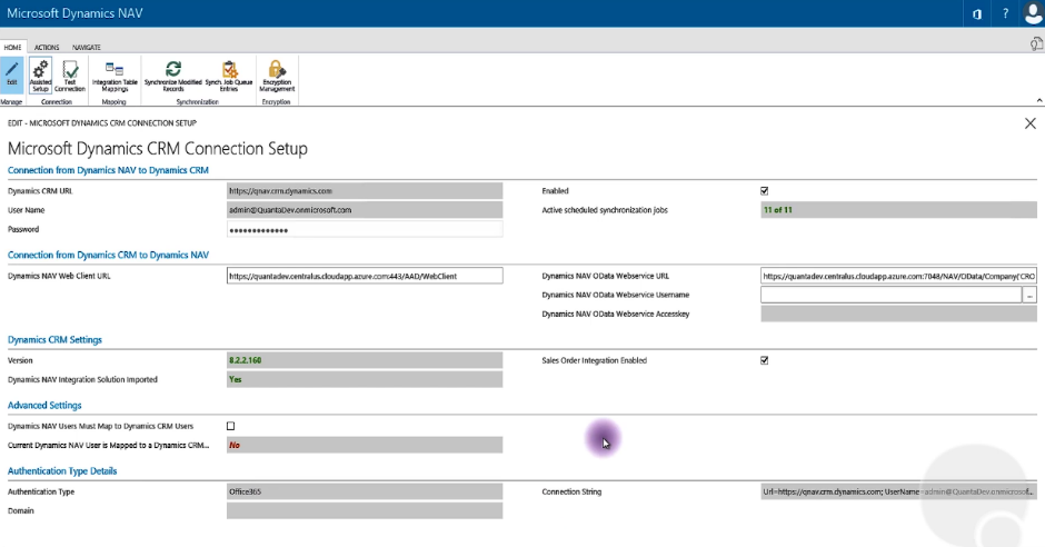 Microsoft Dynamics CRM Connection Setup Screen Populated