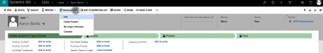 Disqualify a Lead Microsoft Dynamics 365 for Sales CRM