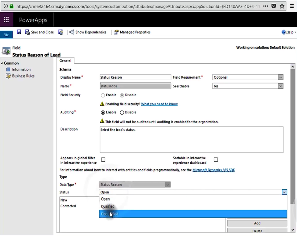 Edit Lead Disqualify Field Microsoft Dynamics 365 for Sales CRM