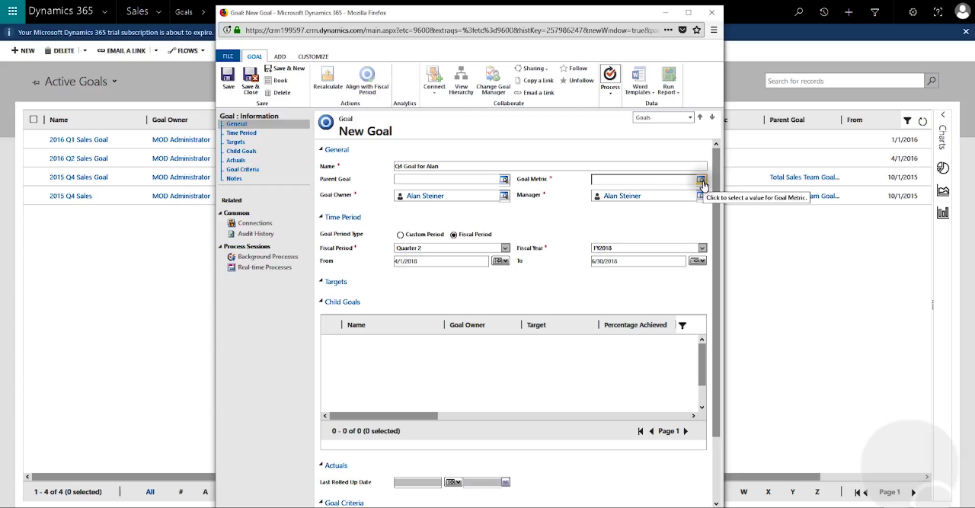 New Goal Microsoft Dynamics 365 for Sales CRM